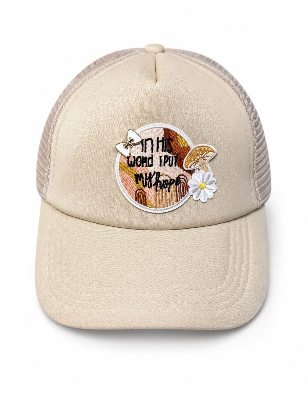 Hand Crafted Embroidered Faith Trucker Hat with Bow Pendant and Patches